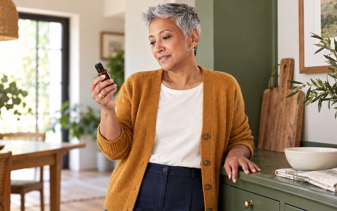 Woman in an ochre cardigan reading the label on a closed amber bottle at a kitchen sideboard.